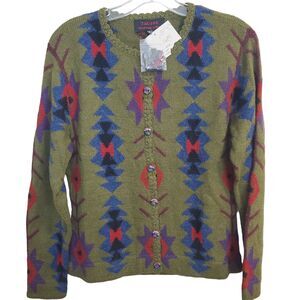 New Tabask ALPACA‎ Green Aztec Southwestern Sweater Cardigan womens Size S #16